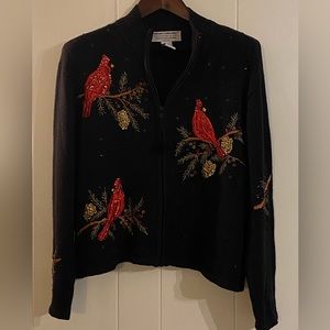 Black PXL Christmas front zip sweater with embroidered cardinals